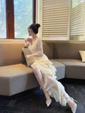 Niulatu High Low V Neckline White Lace Ruffles Long Evening Dress Lace Prom Dresses SD2822