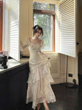 Niulatu Mermaid Sweetheart Neckline White Lace Ruffles Long Evening Dress Prom Dresses SD2823
