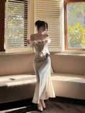 Niulatu Mermaid Off The Shoulder Flowers Satin Long Evening Dress Prom Dresses SD2826