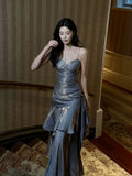 Niulatu Mermaid Spaghetti Straps Gray Long Length Evening Dress Prom Dresses SD2827