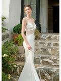 Niulatu Mermaid Spaghetti Straps White Long Length Evening Dress Prom Dresses SD2828