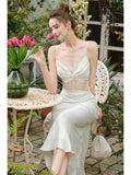 Niulatu Mermaid Spaghetti Straps White Long Length Evening Dress Prom Dresses SD2828