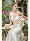 Niulatu Mermaid Spaghetti Straps White Long Length Evening Dress Prom Dresses SD2828