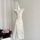 Niulatu A line Sweetheart Cap Sleeves Blue Floral Dress Long Holiday Dresses SD282