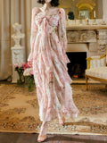Niulatu A Line Sweetheart Long Sleeves Pink Floral Chiffon Ankle Length Evening Dress Prom Dresses SD2830
