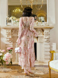 Niulatu A Line Sweetheart Long Sleeves Pink Floral Chiffon Ankle Length Evening Dress Prom Dresses SD2830