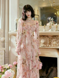Niulatu A Line Sweetheart Long Sleeves Pink Floral Chiffon Ankle Length Evening Dress Prom Dresses SD2830