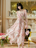 Niulatu A Line Sweetheart Long Sleeves Pink Floral Chiffon Ankle Length Evening Dress Prom Dresses SD2830