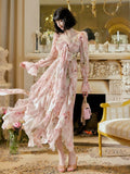 Niulatu A Line Sweetheart Long Sleeves Pink Floral Chiffon Ankle Length Evening Dress Prom Dresses SD2830
