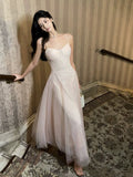 Niulatu A Line Spaghetti Straps Tulle Pink Ankle Length Evening Dress Prom Dresses SD2835