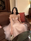 Niulatu A Line Spaghetti Straps Tulle Pink Ankle Length Evening Dress Prom Dresses SD2835