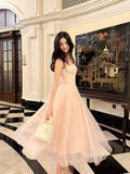 Niulatu A Line Spaghetti Straps Tulle Pink Ankle Length Evening Dress Prom Dresses SD2835