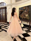 Niulatu A Line Spaghetti Straps Tulle Pink Ankle Length Evening Dress Prom Dresses SD2835
