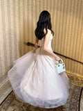 Niulatu A Line Spaghetti Straps Tulle Pink Ankle Length Evening Dress Prom Dresses SD2835