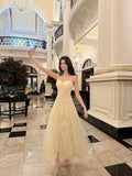 Niulatu A Line Spaghetti Straps Tulle Chamapgne Ankle Length Evening Dress Prom Dresses SD2837
