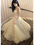 Niulatu A Line Spaghetti Straps Tulle Chamapgne Ankle Length Evening Dress Prom Dresses SD2837