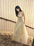 Niulatu A Line Spaghetti Straps Tulle Chamapgne Ankle Length Evening Dress Prom Dresses SD2837