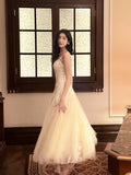Niulatu A Line Spaghetti Straps Tulle Chamapgne Ankle Length Evening Dress Prom Dresses SD2837