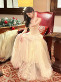 Niulatu A Line Spaghetti Straps Tulle Chamapgne Ankle Length Evening Dress Prom Dresses SD2837