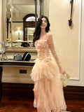 Niulatu High Low Spaghetti Straps Tulle Pink Floral Ankle Length Evening Dress Prom Dresses SD2838