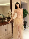 Niulatu High Low Spaghetti Straps Tulle Pink Floral Ankle Length Evening Dress Prom Dresses SD2838