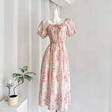 Niulatu A line Strapless Short Sleeves Pink Floral Dress Long Holiday Dresses SD283