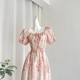 Niulatu A line Strapless Short Sleeves Pink Floral Dress Long Holiday Dresses SD283