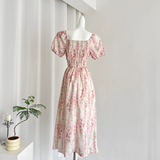Niulatu A line Strapless Short Sleeves Pink Floral Dress Long Holiday Dresses SD283