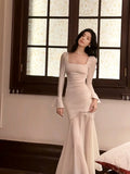 Niulatu Mermaid Squere Neckline Satin Ankle Length Evening Dress Prom Dresses SD2841