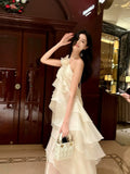 Niulatu A Line Halter Neckline Chiffon Ruffles Evening Dress Prom Dresses SD2843