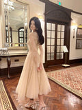 Niulatu A line V Neckline Lace Ankle Length Evening Dress Prom Dresses SD2846