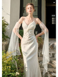 Niulatu Mermaid Spaghetti Straps White Ankle Length Evening Dress Prom Dresses SD2853