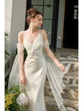 Niulatu Mermaid Spaghetti Straps White Ankle Length Evening Dress Prom Dresses SD2853
