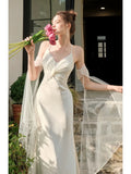 Niulatu Mermaid Spaghetti Straps White Ankle Length Evening Dress Prom Dresses SD2853