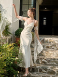 Niulatu Mermaid Spaghetti Straps White Ankle Length Evening Dress Prom Dresses SD2853
