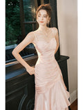 Niulatu Mermaid Spaghetti Straps Long Length Blush Pink Evening Dress Prom Dresses SD2854