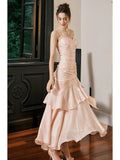 Niulatu Mermaid Spaghetti Straps Long Length Blush Pink Evening Dress Prom Dresses SD2854