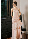 Niulatu Mermaid Spaghetti Straps Long Length Blush Pink Evening Dress Prom Dresses SD2854