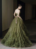 Niulatu Ball Gown Strapless Neckline Green Ruffles Evening Dress Prom Dresses SD2855