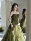 Niulatu Ball Gown Strapless Neckline Green Ruffles Evening Dress Prom Dresses SD2855