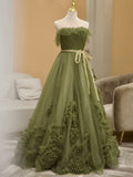 Niulatu Ball Gown Strapless Neckline Green Ruffles Evening Dress Prom Dresses SD2855