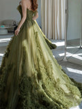 Niulatu Ball Gown Strapless Neckline Green Ruffles Evening Dress Prom Dresses SD2855