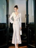 Niulatu Mermaid V Neckline Satin Ankle Length Evening Dress Prom Dresses SD2858