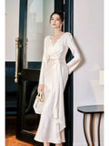 Niulatu Mermaid V Neckline Satin Ankle Length Evening Dress Prom Dresses SD2858