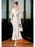 Niulatu Mermaid V Neckline Satin Ankle Length Evening Dress Prom Dresses SD2858