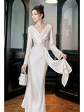 Niulatu Mermaid V Neckline Satin Ankle Length Evening Dress Prom Dresses SD2858