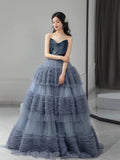 Niulatu Ball Gown Sweetheart Neckline Gray Tulle Evening Dress Prom Dresses SD2859