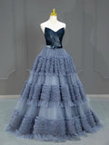 Niulatu Ball Gown Sweetheart Neckline Gray Tulle Evening Dress Prom Dresses SD2859