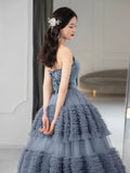 Niulatu Ball Gown Sweetheart Neckline Gray Tulle Evening Dress Prom Dresses SD2859