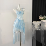 Niulatu High Low Spaghetti Straps Ice Blue Ombre Dress Beach Holiday Dresses SD285
